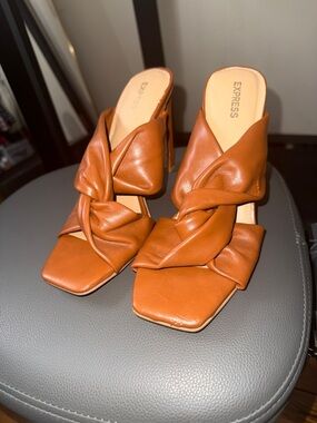 Express Tan Knotted Square-Toe Mule Heels
